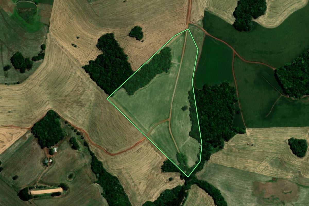 Imagem de satélite do imóvel rural em Coqueiros do Sul (RS), com o contorno declarado no CAR desenhado por cima.
