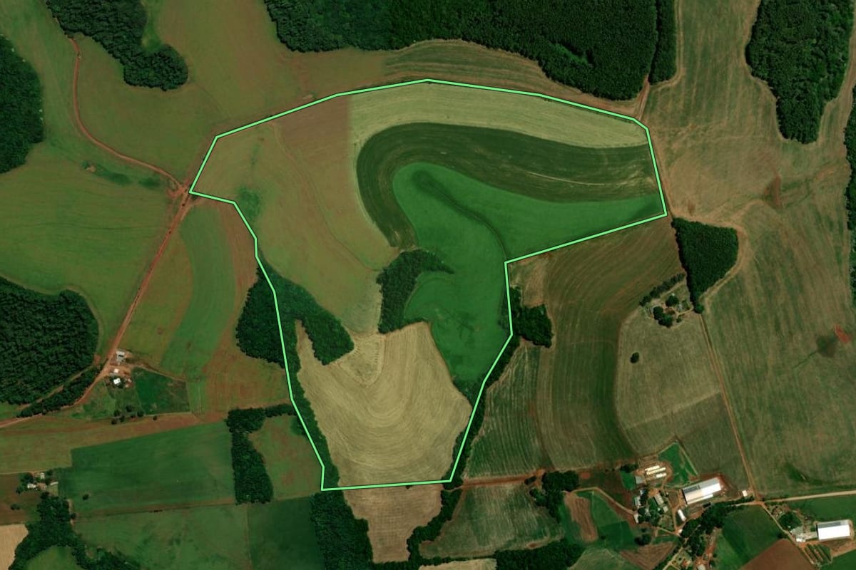 Imagem de satélite do imóvel rural em Coqueiros do Sul (RS), com o contorno declarado no CAR desenhado por cima.