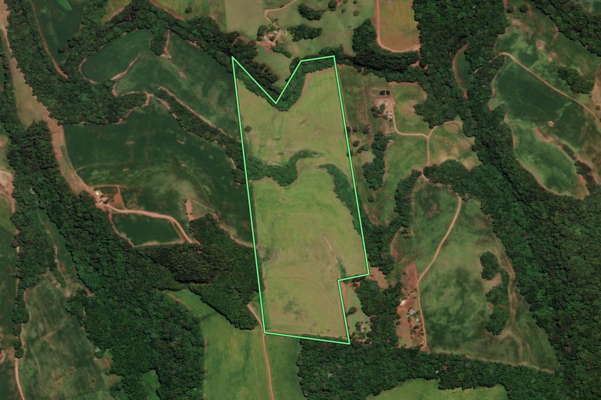 Imagem de satélite do imóvel rural em Coqueiros do Sul (RS), com o contorno declarado no CAR desenhado por cima.