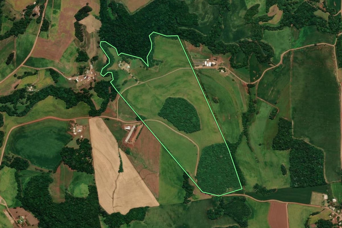 Imagem de satélite do imóvel rural em Coqueiros do Sul (RS), com o contorno declarado no CAR desenhado por cima.