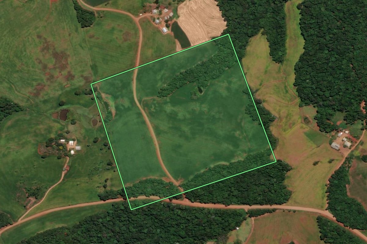 Imagem de satélite do imóvel rural em Coqueiros do Sul (RS), com o contorno declarado no CAR desenhado por cima.