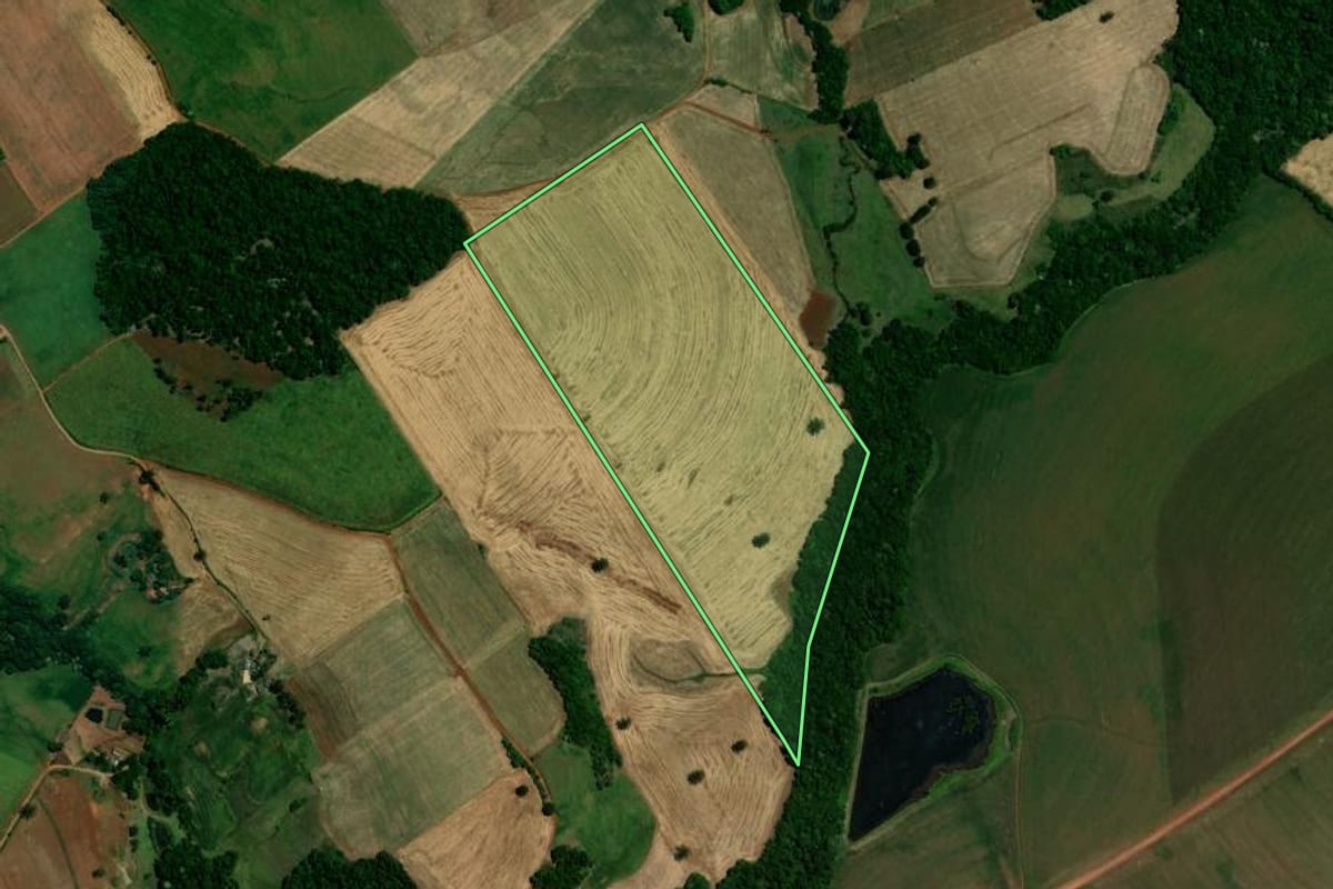 Imagem de satélite do imóvel rural em Coqueiros do Sul (RS), com o contorno declarado no CAR desenhado por cima.