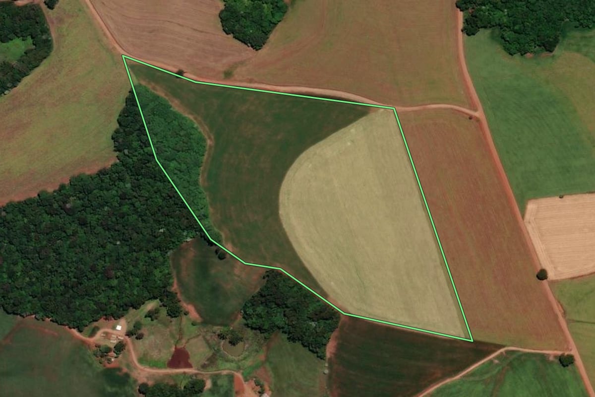 Imagem de satélite do imóvel rural em Coqueiros do Sul (RS), com o contorno declarado no CAR desenhado por cima.