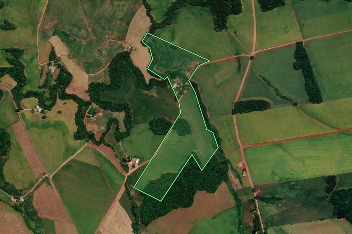 Imagem de satélite do imóvel rural em Coqueiros do Sul (RS), com o contorno declarado no CAR desenhado por cima.