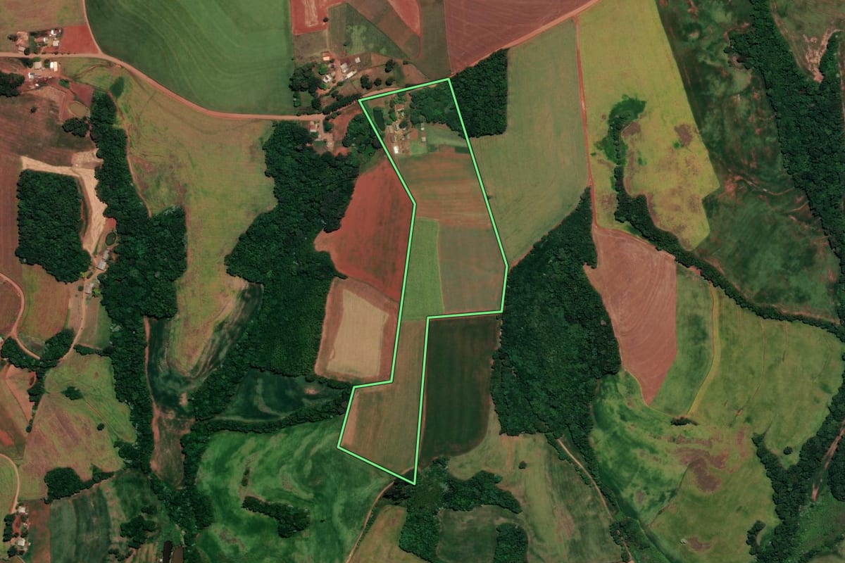 Imagem de satélite do imóvel rural em Coqueiros do Sul (RS), com o contorno declarado no CAR desenhado por cima.