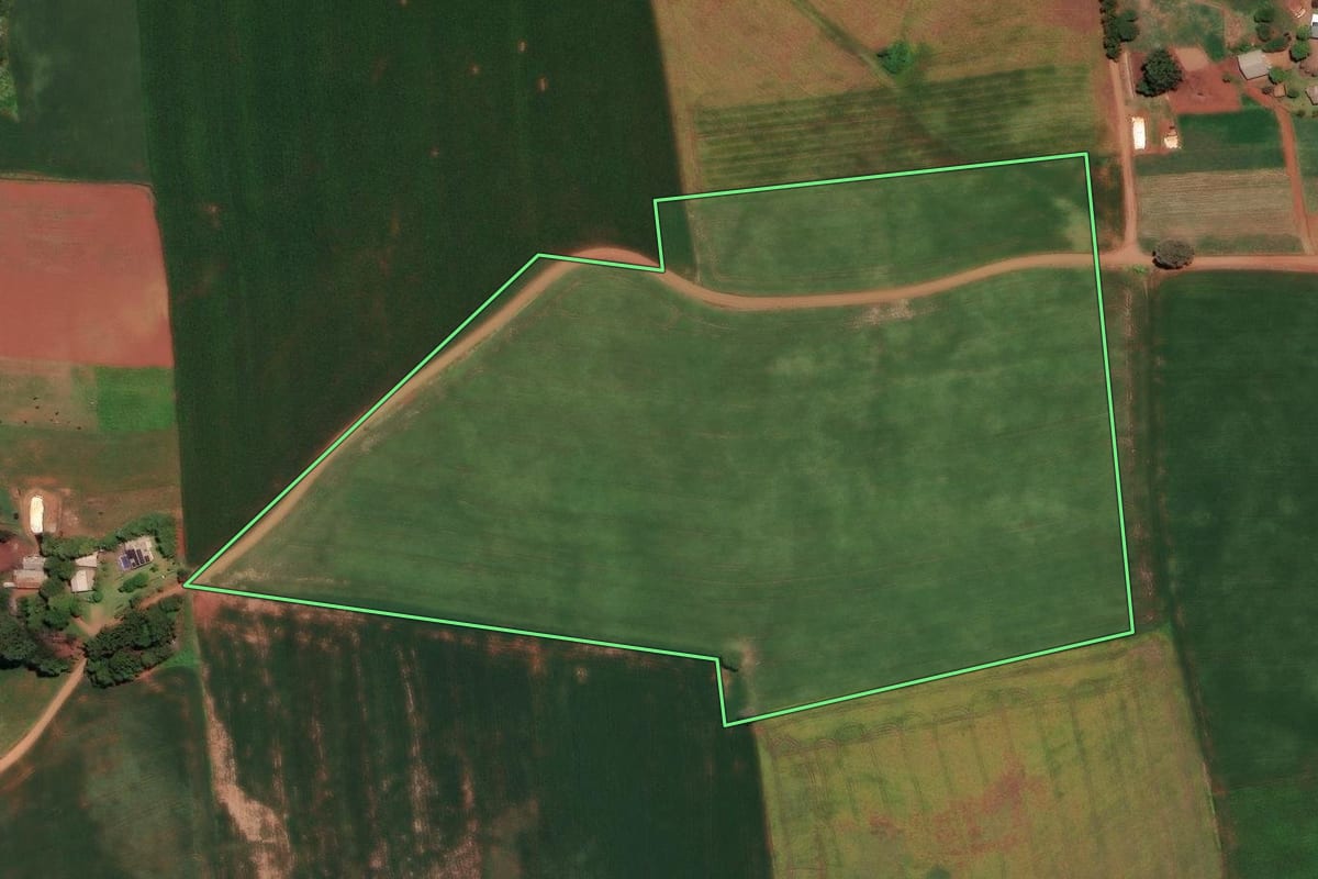 Imagem de satélite do imóvel rural em Coqueiros do Sul (RS), com o contorno declarado no CAR desenhado por cima.