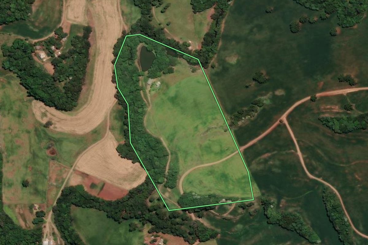 Imagem de satélite do imóvel rural em Coqueiros do Sul (RS), com o contorno declarado no CAR desenhado por cima.