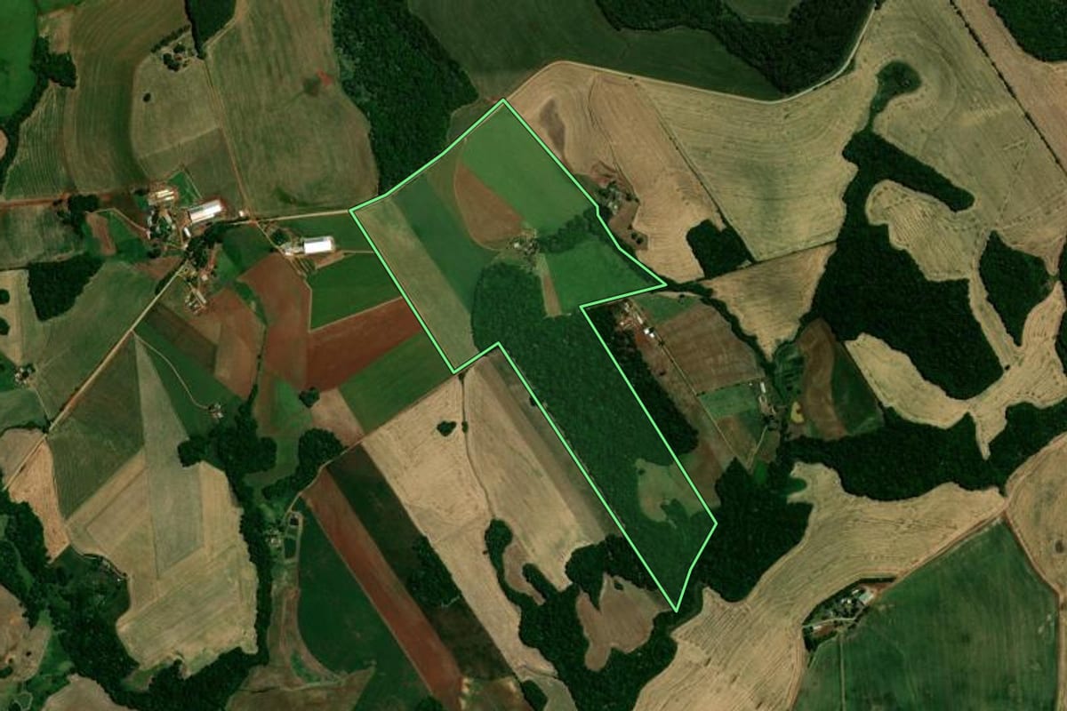 Imagem de satélite do imóvel rural em Coqueiros do Sul (RS), com o contorno declarado no CAR desenhado por cima.