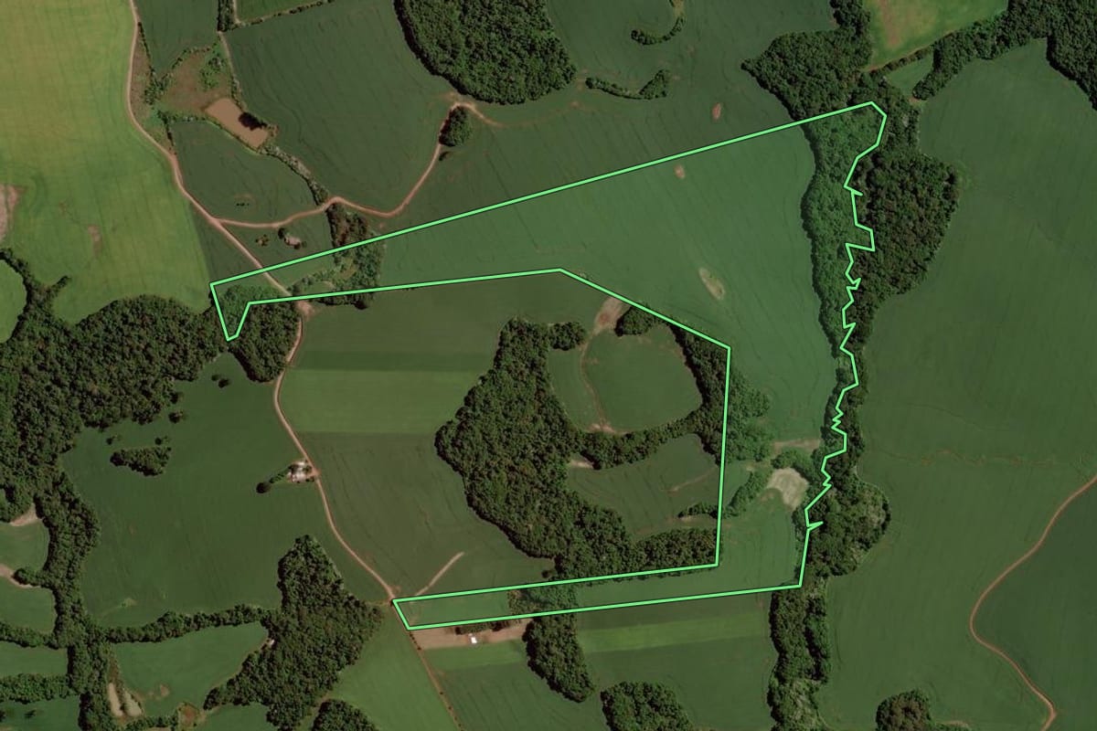 Imagem de satélite do imóvel rural em Coqueiros do Sul (RS), com o contorno declarado no CAR desenhado por cima.