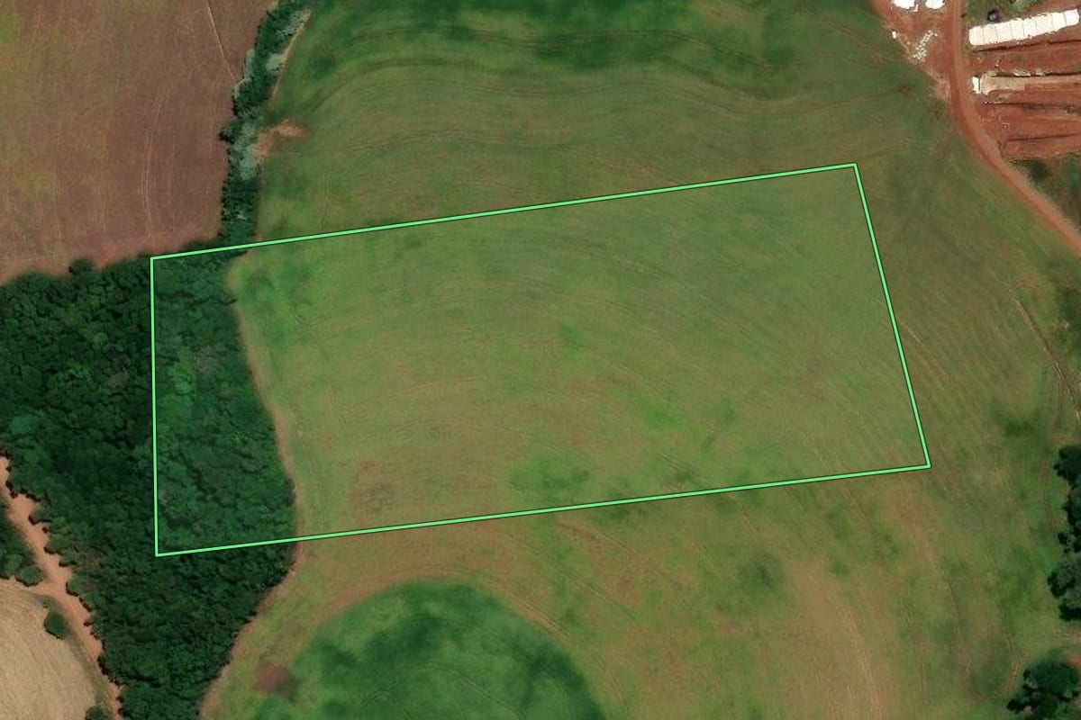 Imagem de satélite do imóvel rural em Coqueiros do Sul (RS), com o contorno declarado no CAR desenhado por cima.