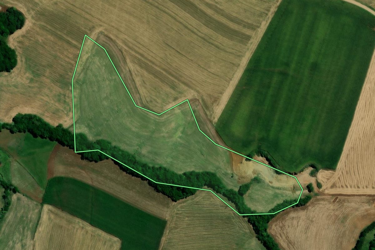 Imagem de satélite do imóvel rural em Coqueiros do Sul (RS), com o contorno declarado no CAR desenhado por cima.