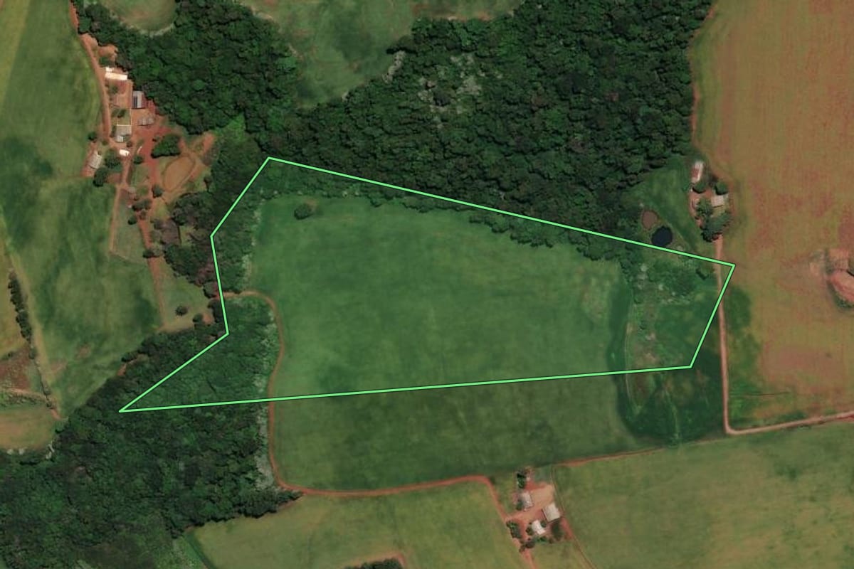 Imagem de satélite do imóvel rural em Coqueiros do Sul (RS), com o contorno declarado no CAR desenhado por cima.