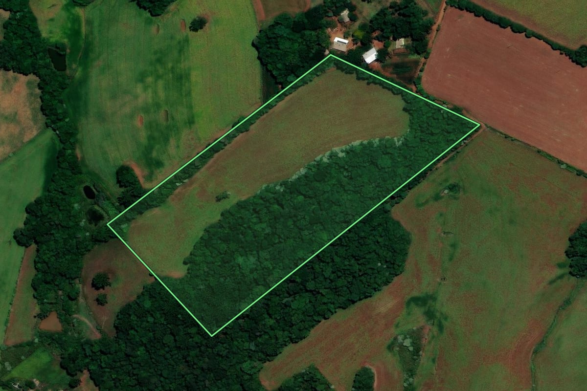 Imagem de satélite do imóvel rural em Coqueiros do Sul (RS), com o contorno declarado no CAR desenhado por cima.