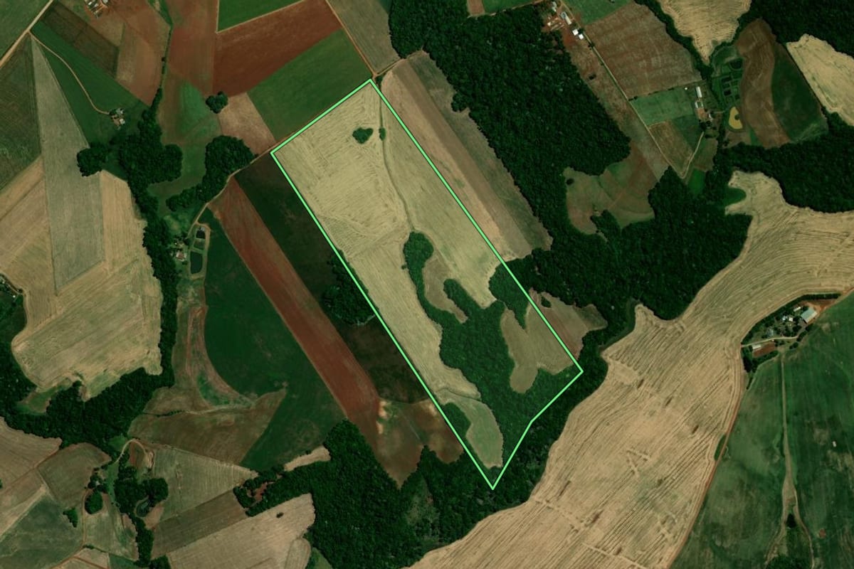 Imagem de satélite do imóvel rural em Coqueiros do Sul (RS), com o contorno declarado no CAR desenhado por cima.