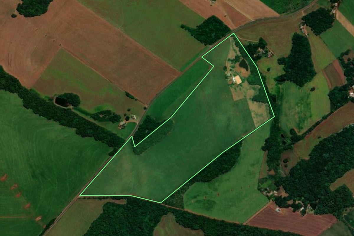 Imagem de satélite do imóvel rural em Coqueiros do Sul (RS), com o contorno declarado no CAR desenhado por cima.