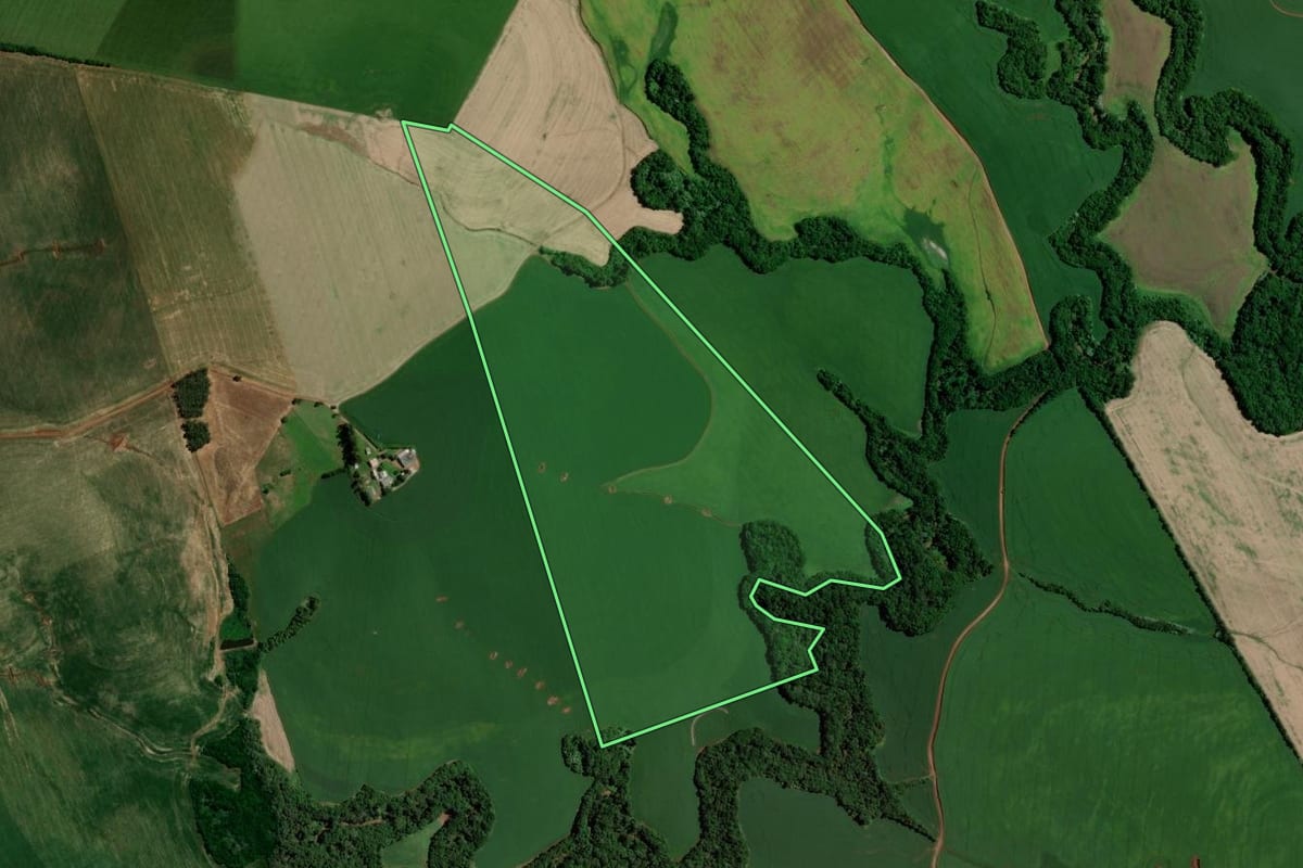 Imagem de satélite do imóvel rural em Coqueiros do Sul (RS), com o contorno declarado no CAR desenhado por cima.