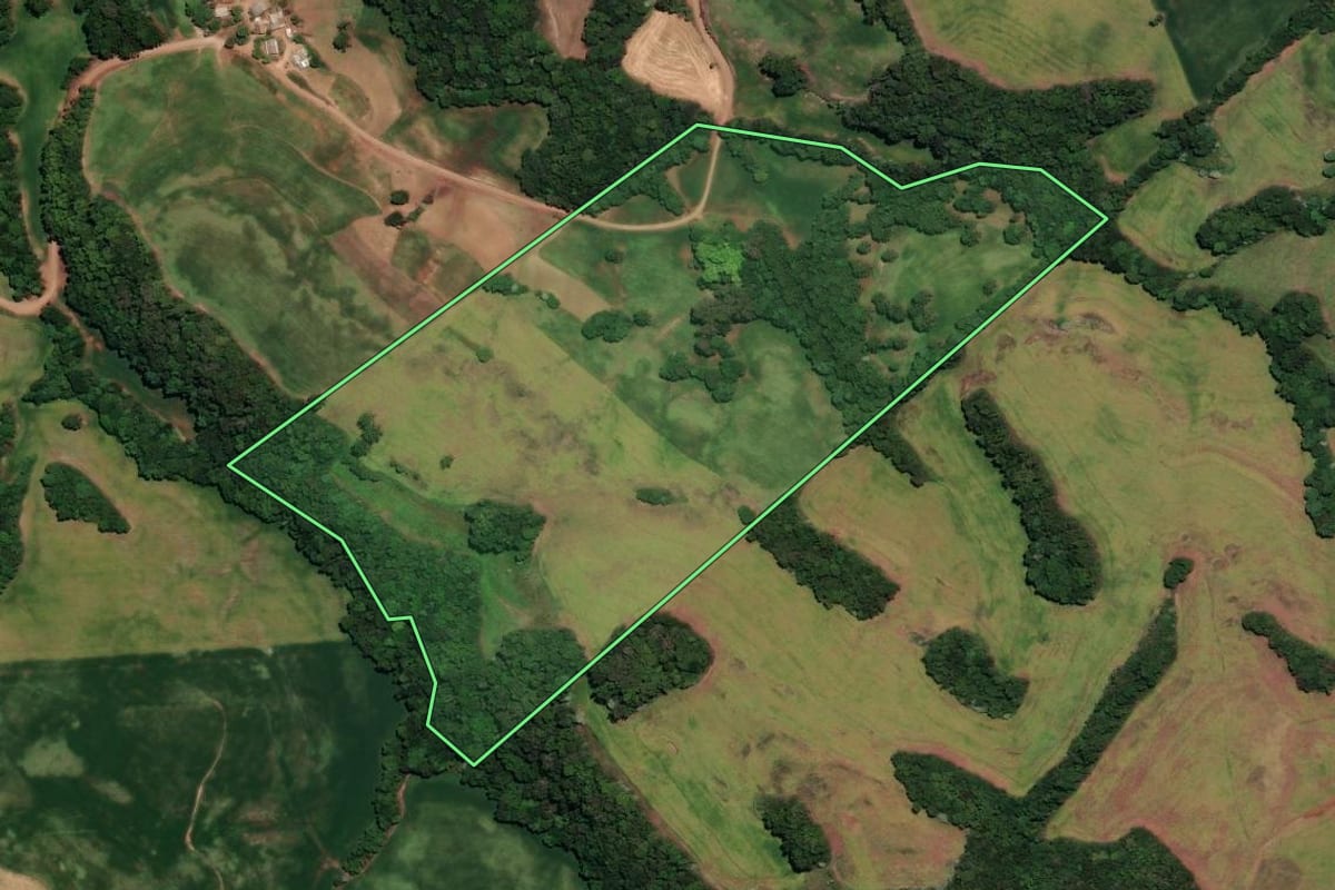 Imagem de satélite do imóvel rural em Coqueiros do Sul (RS), com o contorno declarado no CAR desenhado por cima.