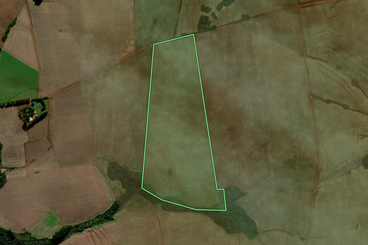 Imagem de satélite do imóvel rural em Coronel Barros (RS), com o contorno declarado no CAR desenhado por cima.