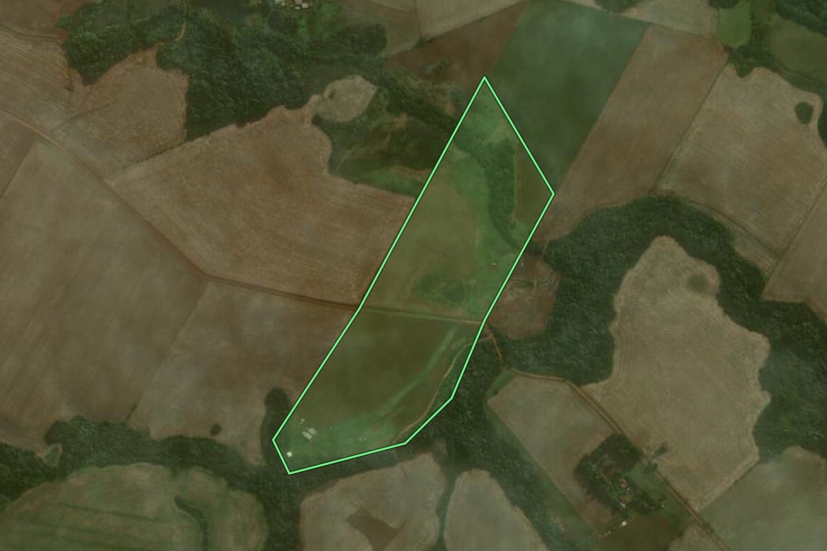 Imagem de satélite do imóvel rural em Coronel Barros (RS), com o contorno declarado no CAR desenhado por cima.