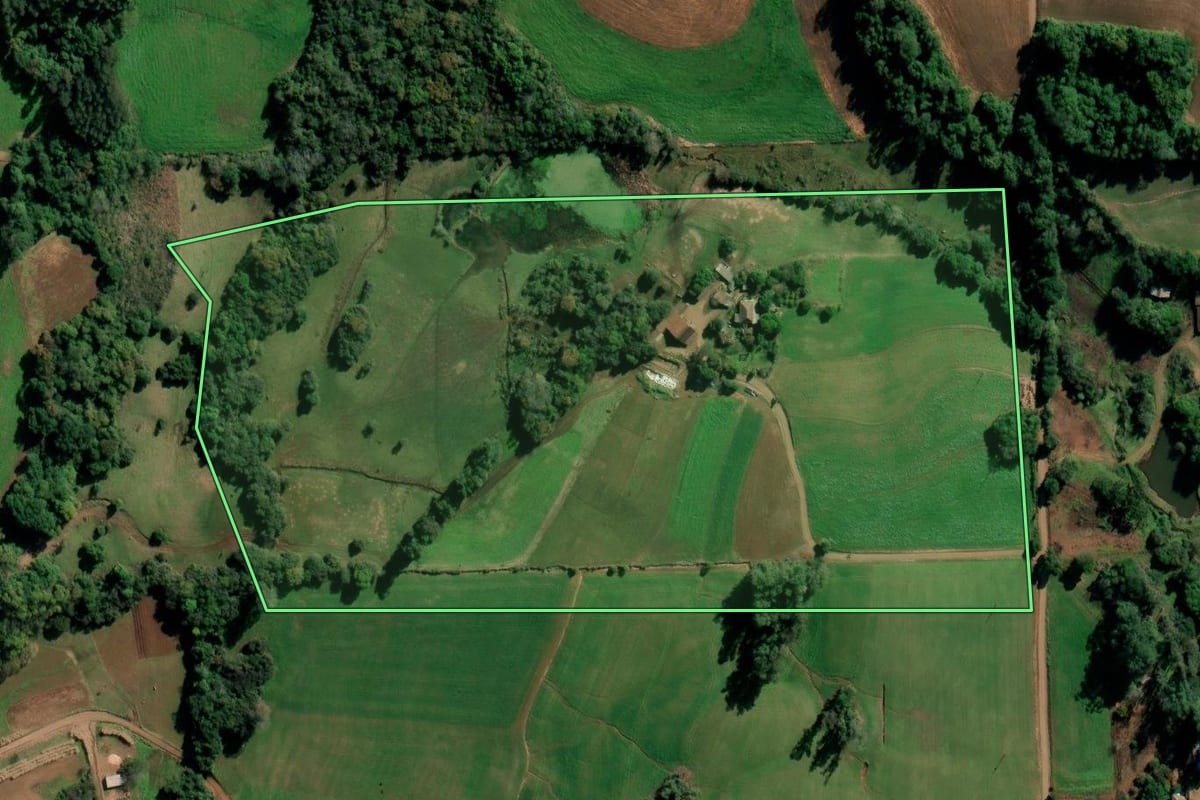 Imagem de satélite do imóvel rural em Coronel Barros (RS), com o contorno declarado no CAR desenhado por cima.