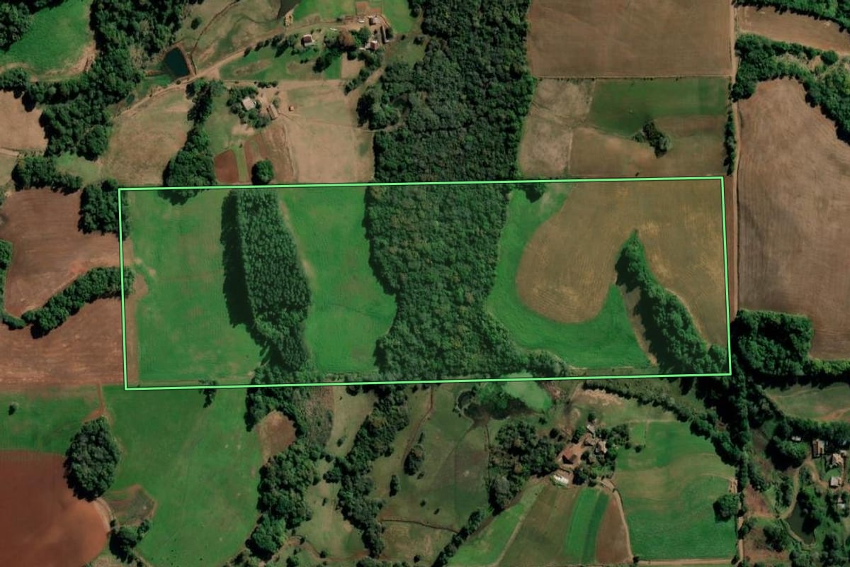 Imagem de satélite do imóvel rural em Coronel Barros (RS), com o contorno declarado no CAR desenhado por cima.