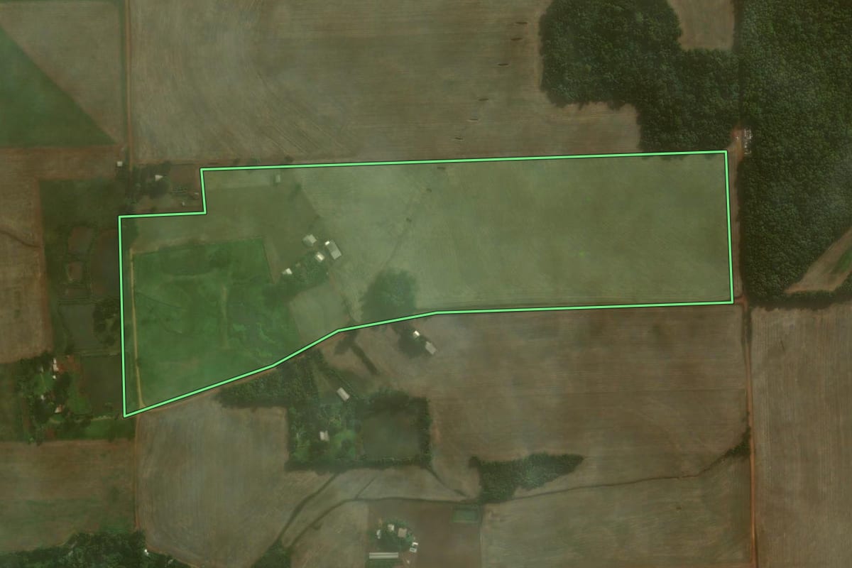 Imagem de satélite do imóvel rural em Coronel Barros (RS), com o contorno declarado no CAR desenhado por cima.