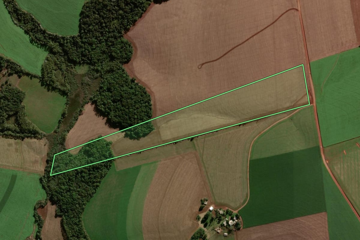 Imagem de satélite do imóvel rural em Coronel Bicaco (RS), com o contorno declarado no CAR desenhado por cima.