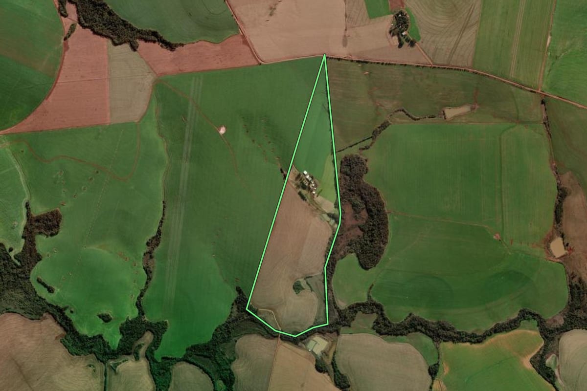 Imagem de satélite do imóvel rural em Coronel Bicaco (RS), com o contorno declarado no CAR desenhado por cima.