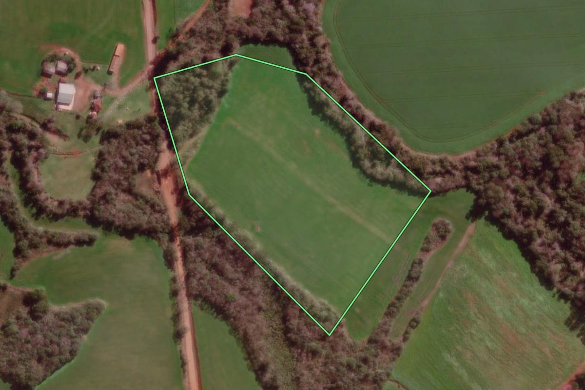 Imagem de satélite do imóvel rural em Coronel Bicaco (RS), com o contorno declarado no CAR desenhado por cima.