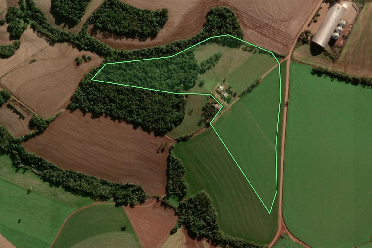 Imagem de satélite do imóvel rural em Coronel Bicaco (RS), com o contorno declarado no CAR desenhado por cima.
