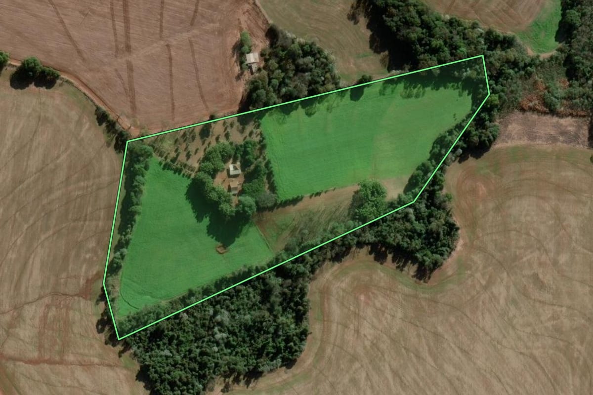 Imagem de satélite do imóvel rural em Coronel Bicaco (RS), com o contorno declarado no CAR desenhado por cima.