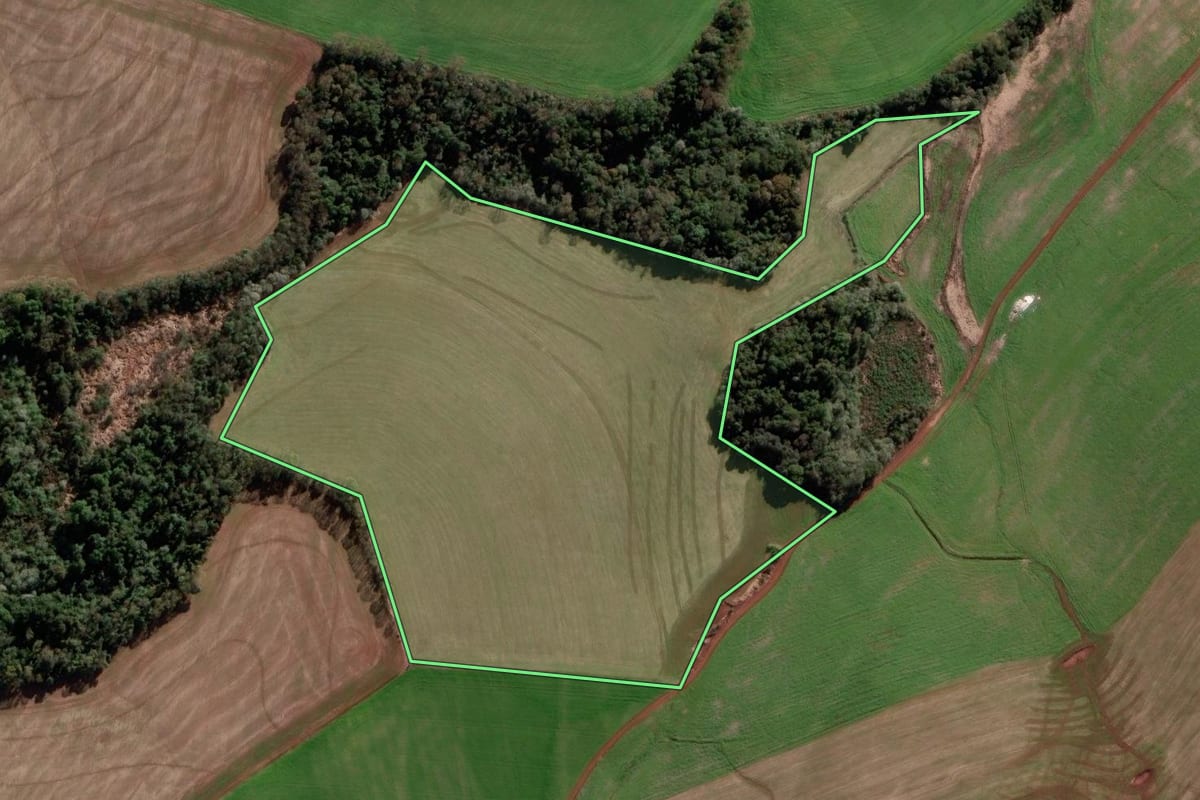 Imagem de satélite do imóvel rural em Coronel Bicaco (RS), com o contorno declarado no CAR desenhado por cima.