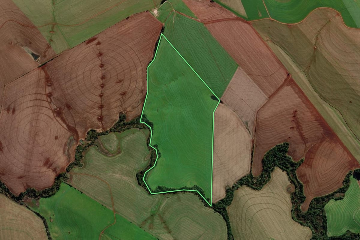 Imagem de satélite do imóvel rural em Coronel Bicaco (RS), com o contorno declarado no CAR desenhado por cima.