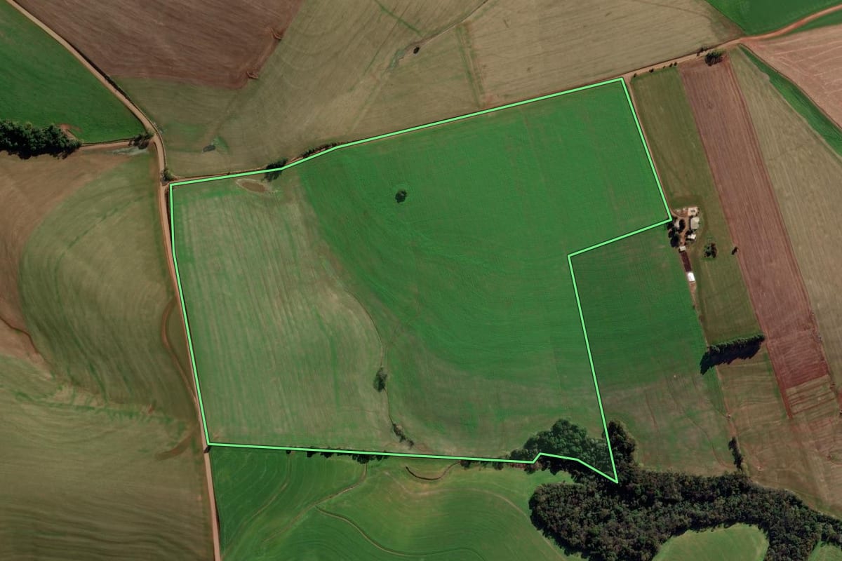 Imagem de satélite do imóvel rural em Coronel Bicaco (RS), com o contorno declarado no CAR desenhado por cima.