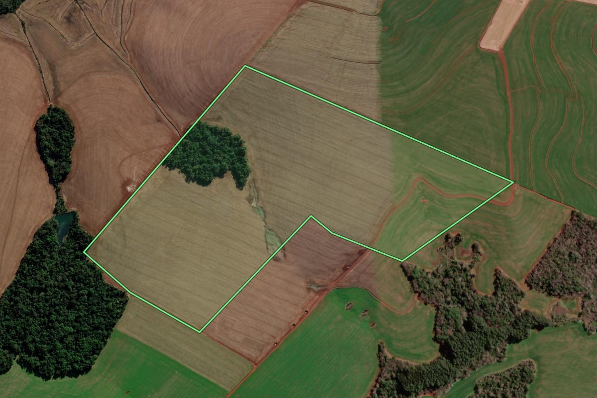 Imagem de satélite do imóvel rural em Coronel Bicaco (RS), com o contorno declarado no CAR desenhado por cima.