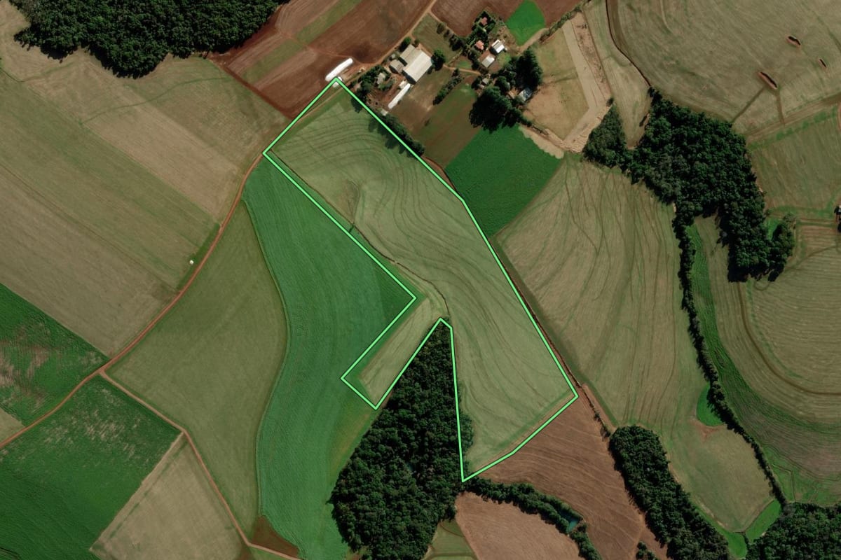 Imagem de satélite do imóvel rural em Coronel Bicaco (RS), com o contorno declarado no CAR desenhado por cima.