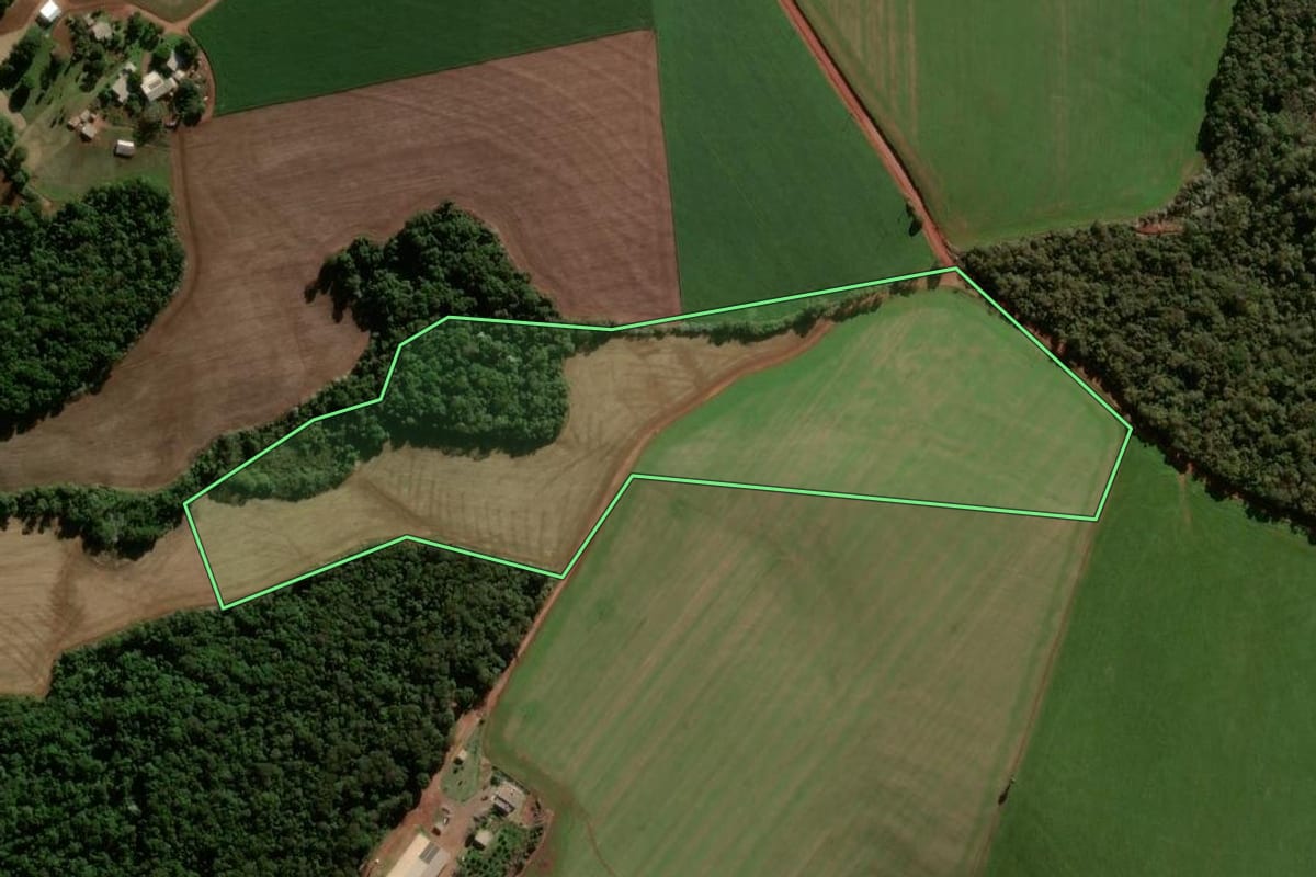 Imagem de satélite do imóvel rural em Coronel Bicaco (RS), com o contorno declarado no CAR desenhado por cima.