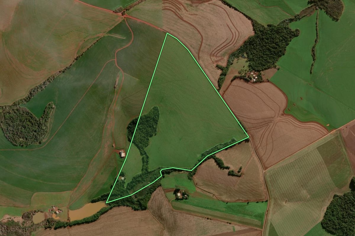 Imagem de satélite do imóvel rural em Coronel Bicaco (RS), com o contorno declarado no CAR desenhado por cima.