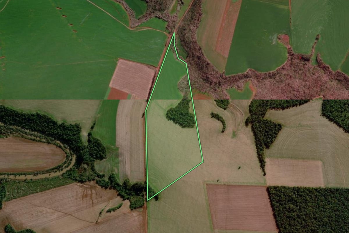 Imagem de satélite do imóvel rural em Coronel Bicaco (RS), com o contorno declarado no CAR desenhado por cima.