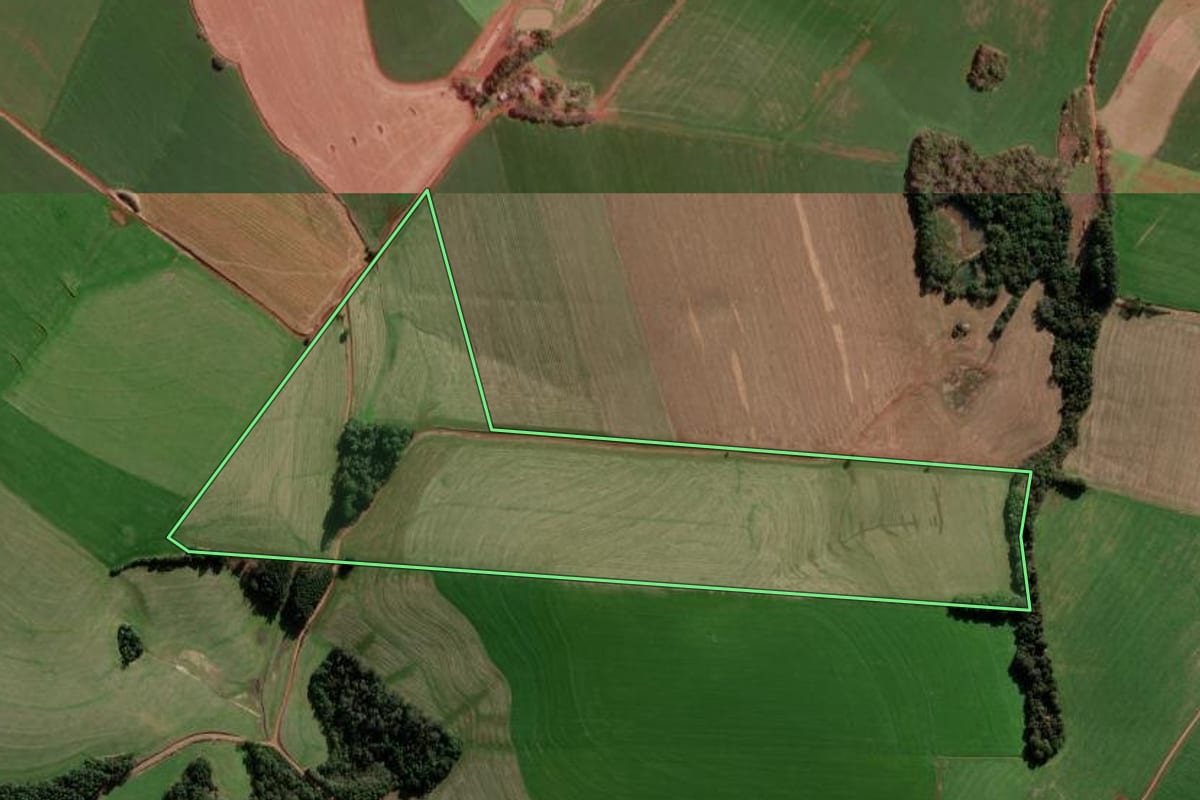 Imagem de satélite do imóvel rural em Coronel Bicaco (RS), com o contorno declarado no CAR desenhado por cima.