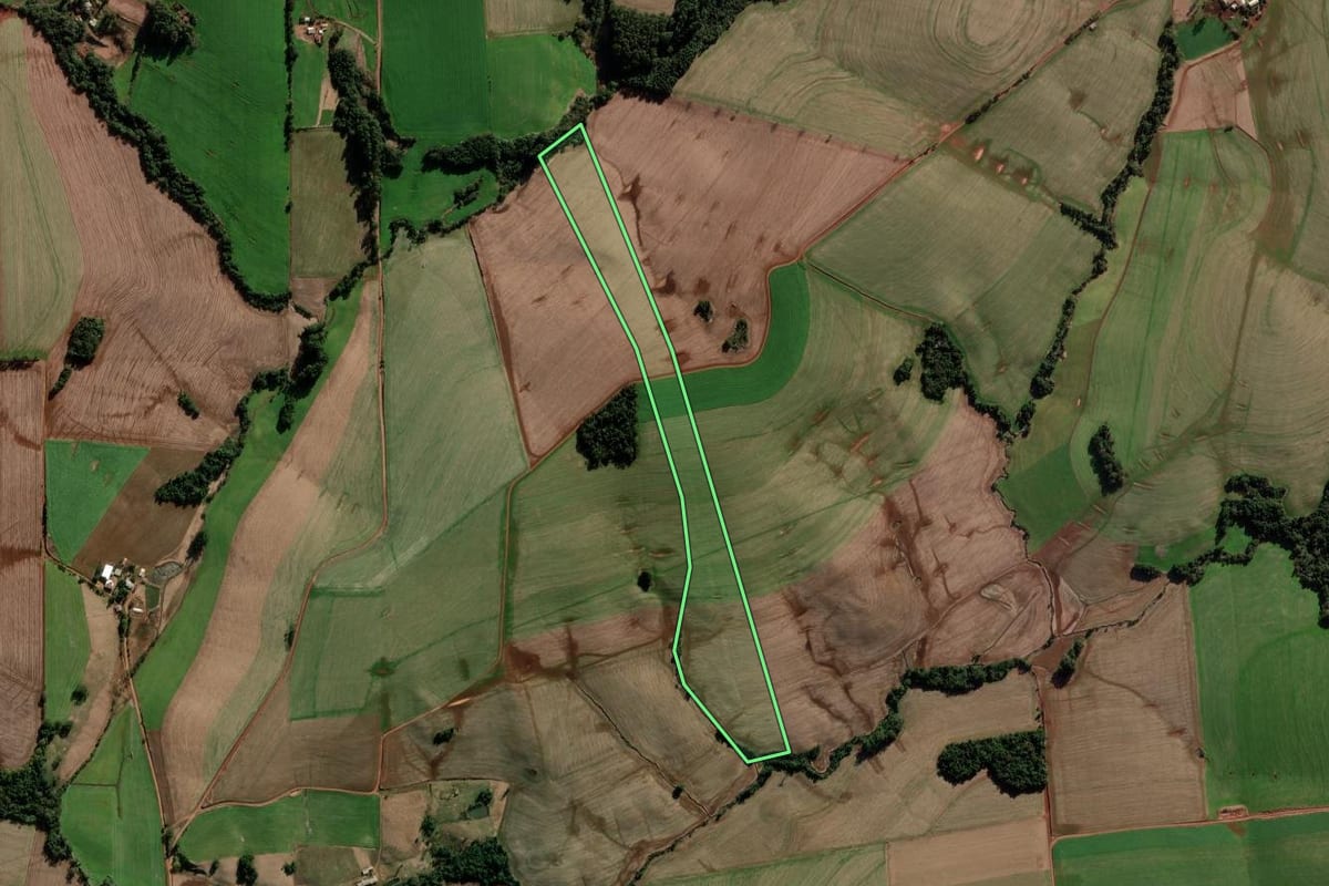 Imagem de satélite do imóvel rural em Coronel Bicaco (RS), com o contorno declarado no CAR desenhado por cima.
