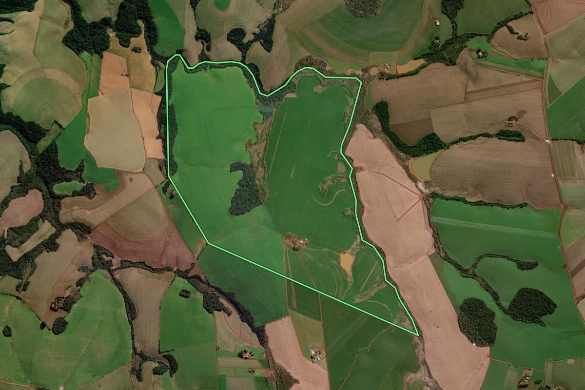 Imagem de satélite do imóvel rural em Coronel Bicaco (RS), com o contorno declarado no CAR desenhado por cima.