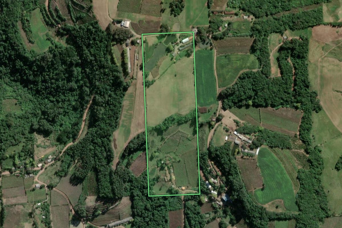 Imagem de satélite do imóvel rural em Coronel Pilar (RS), com o contorno declarado no CAR desenhado por cima.