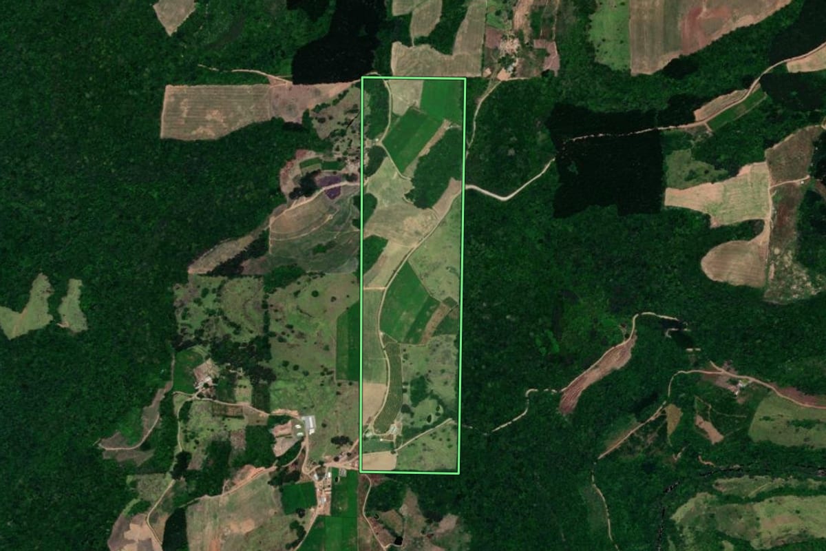 Imagem de satélite do imóvel rural em Cotiporã (RS), com o contorno declarado no CAR desenhado por cima.