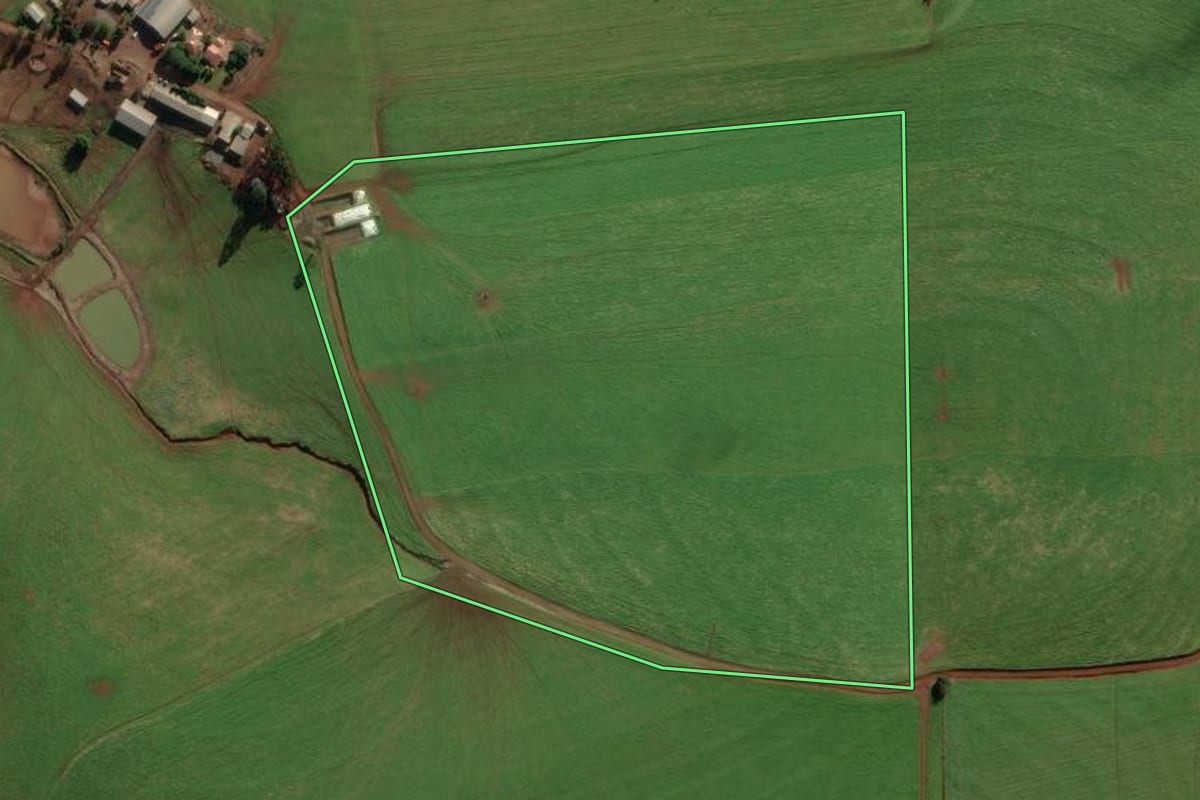 Imagem de satélite do imóvel rural em Coxilha (RS), com o contorno declarado no CAR desenhado por cima.