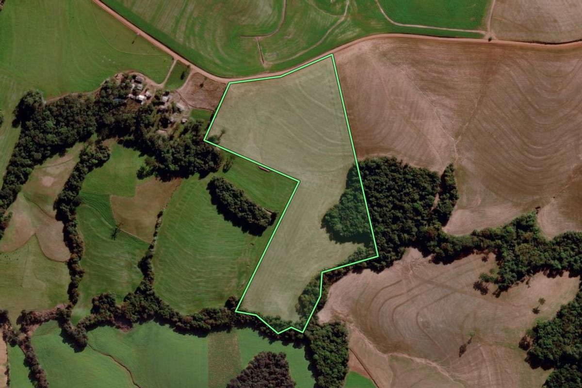 Imagem de satélite do imóvel rural em Coxilha (RS), com o contorno declarado no CAR desenhado por cima.