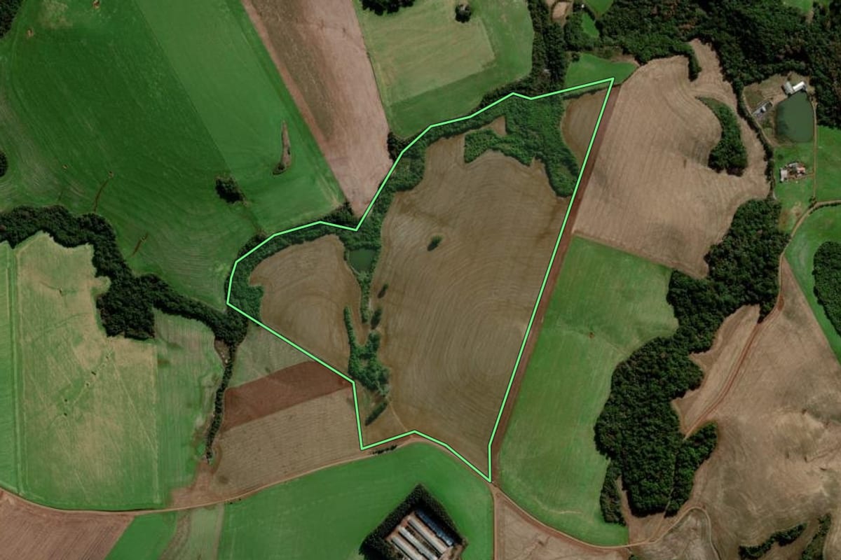 Imagem de satélite do imóvel rural em Coxilha (RS), com o contorno declarado no CAR desenhado por cima.