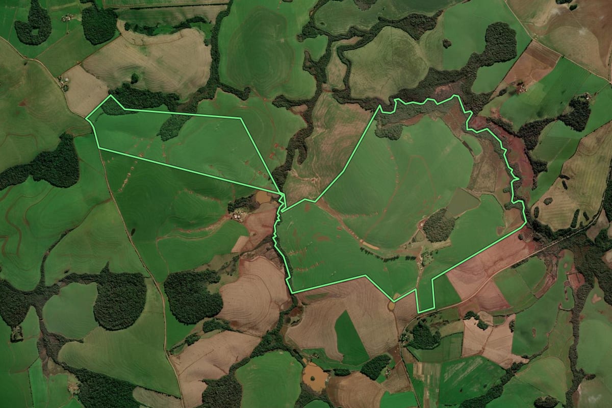 Imagem de satélite do imóvel rural em Coxilha (RS), com o contorno declarado no CAR desenhado por cima.