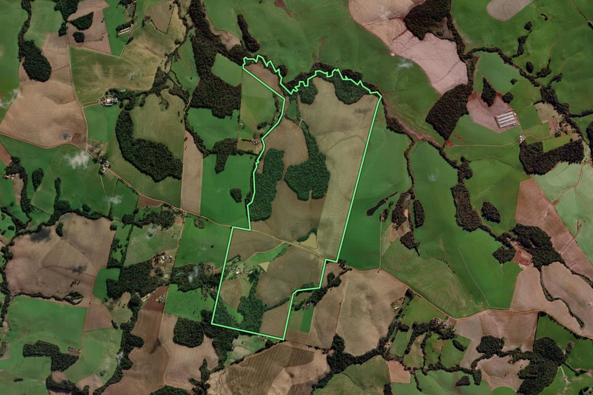 Imagem de satélite do imóvel rural em Coxilha (RS), com o contorno declarado no CAR desenhado por cima.