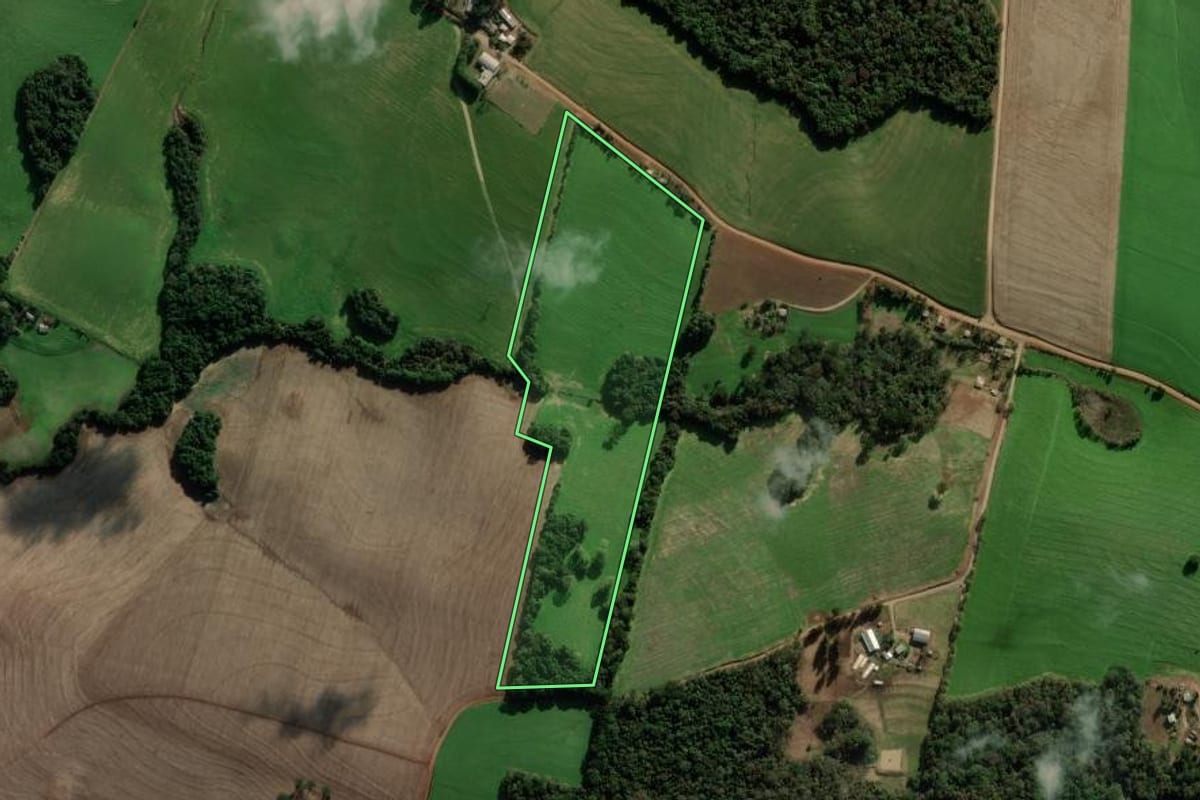 Imagem de satélite do imóvel rural em Coxilha (RS), com o contorno declarado no CAR desenhado por cima.